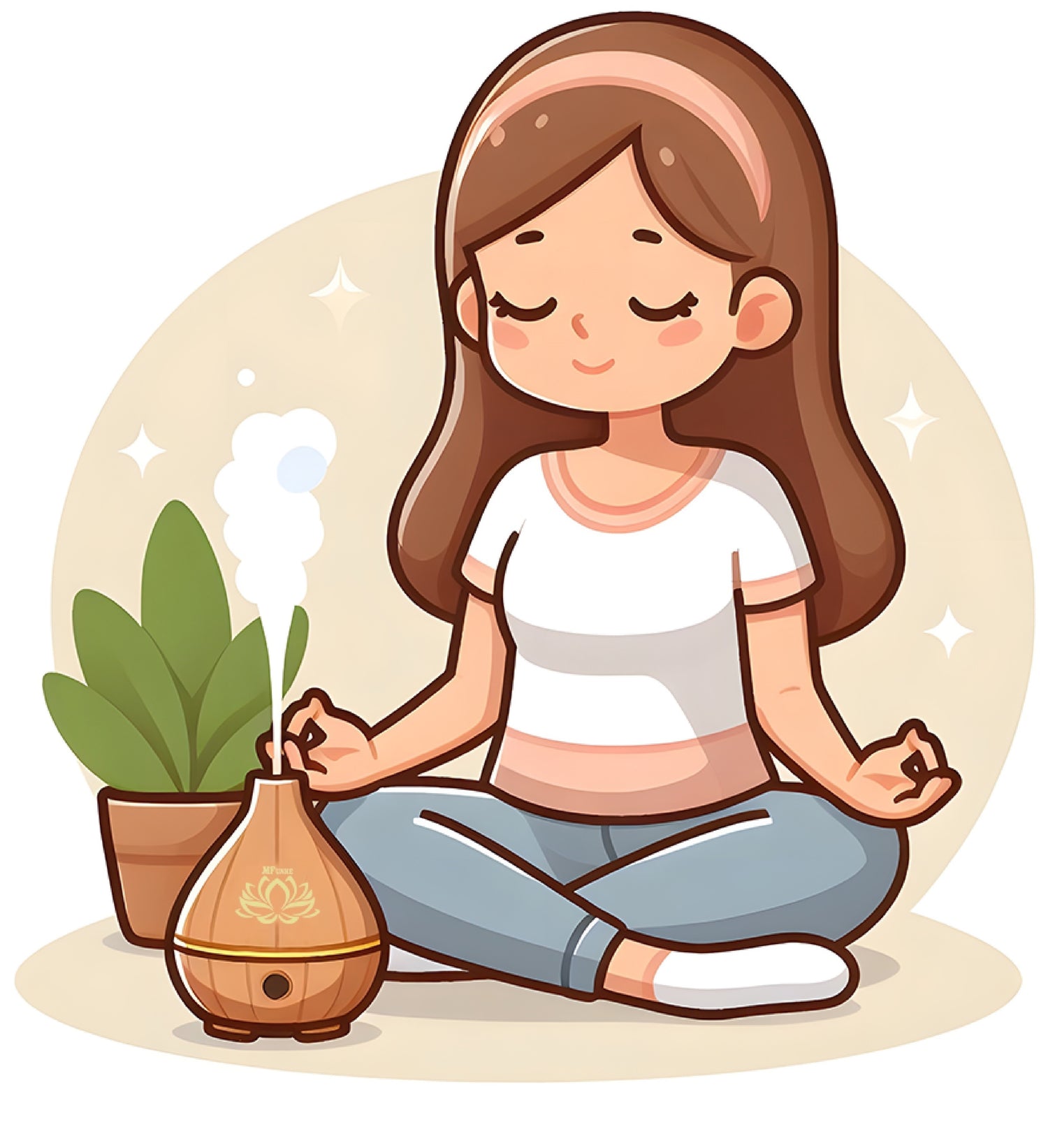 Bunte Zeichnung einer meditierenden Frau mit Aroma Diffuser. MFunke Shop Aroma Diffuser Aromalampe Duftlampe für Düftöle zur Entspannung, Meditation und Yoga